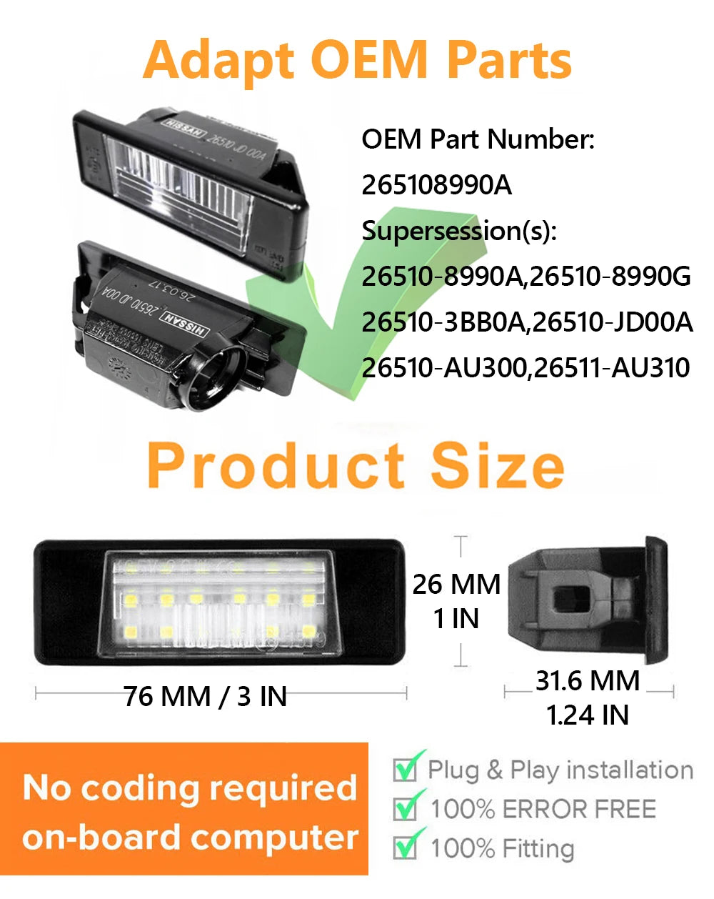2Pcs LED License Number Plate Light Lamps For Nissan Juke F15 Micra K12 March