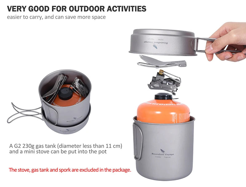 Boundless Voyage Camping Titanium Cup Pan Set Outdoor Cooking Pot Plate Mess Kit