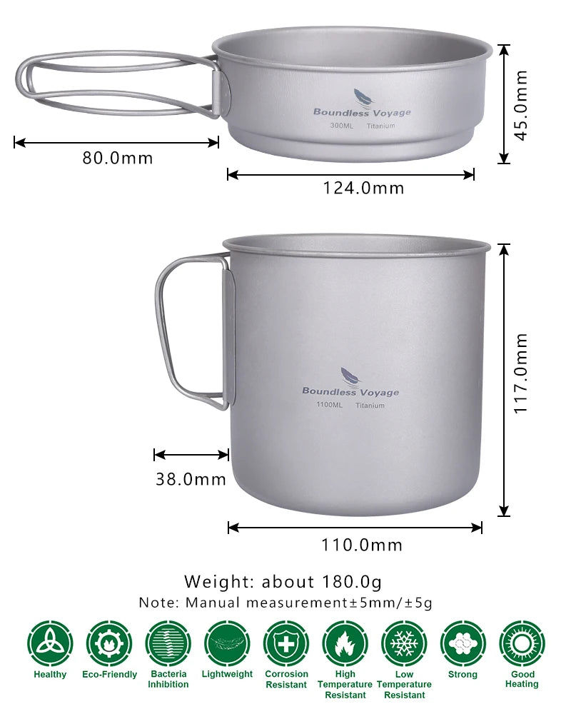 Boundless Voyage Camping Titanium Cup Pan Set Outdoor Cooking Pot Plate Mess Kit