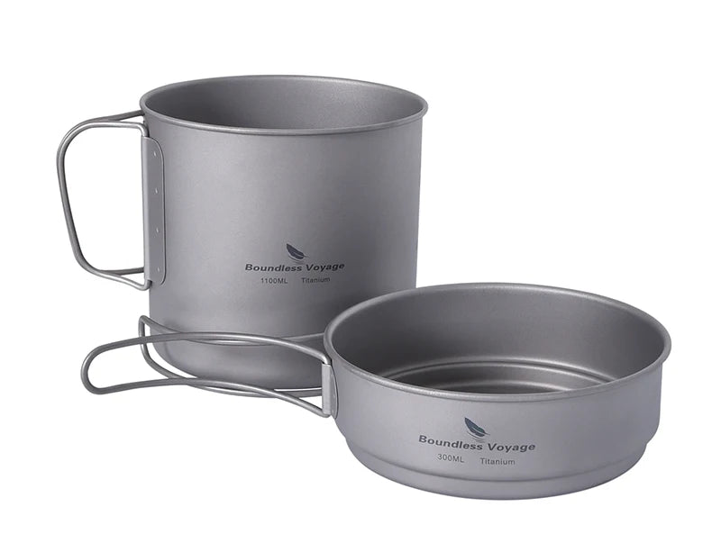 Boundless Voyage Camping Titanium Cup Pan Set Outdoor Cooking Pot Plate Mess Kit