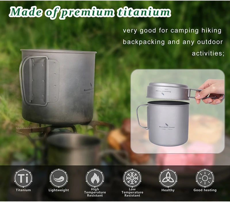 Boundless Voyage Camping Titanium Cup Pan Set Outdoor Cooking Pot Plate Mess Kit