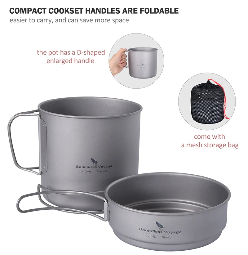 Boundless Voyage Camping Titanium Cup Pan Set Outdoor Cooking Pot Plate Mess Kit
