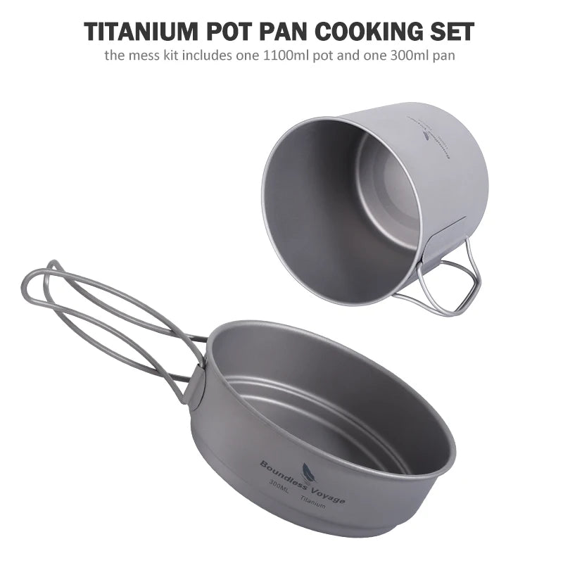 Boundless Voyage Camping Titanium Cup Pan Set Outdoor Cooking Pot Plate Mess Kit