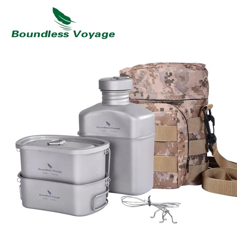 Boundless Voyage Titanium Military Canteen Cups Set Camping Cookware Outdoor