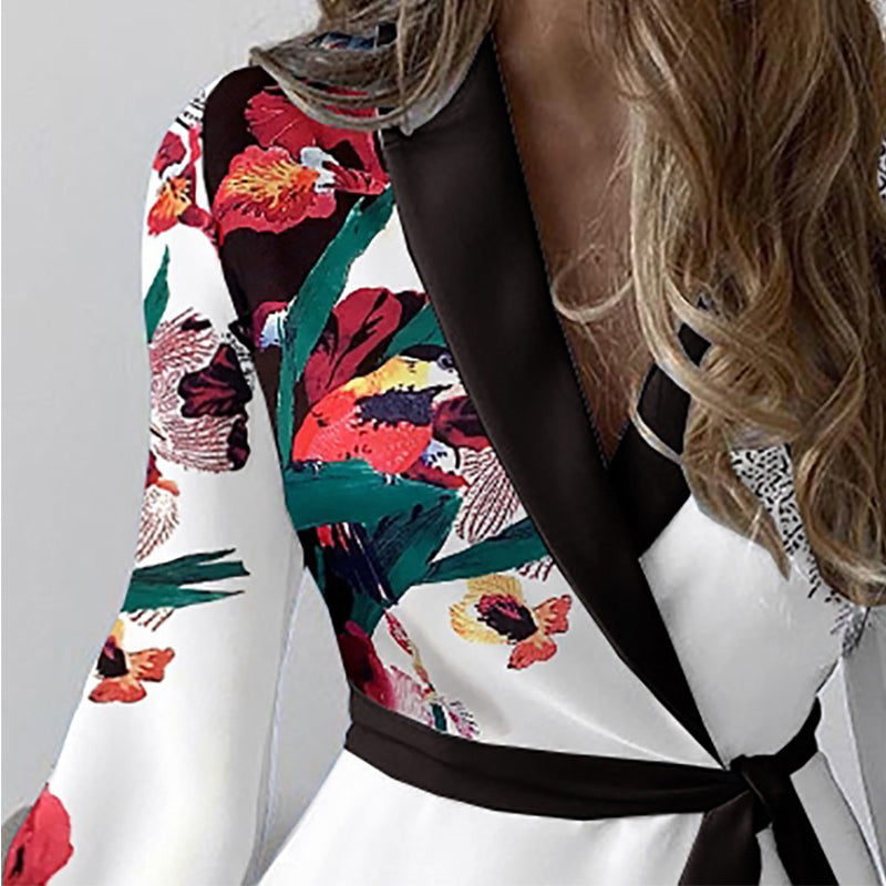 Elegante bloemenprint patchwork feestjurk lente dames V-hals riem mini
