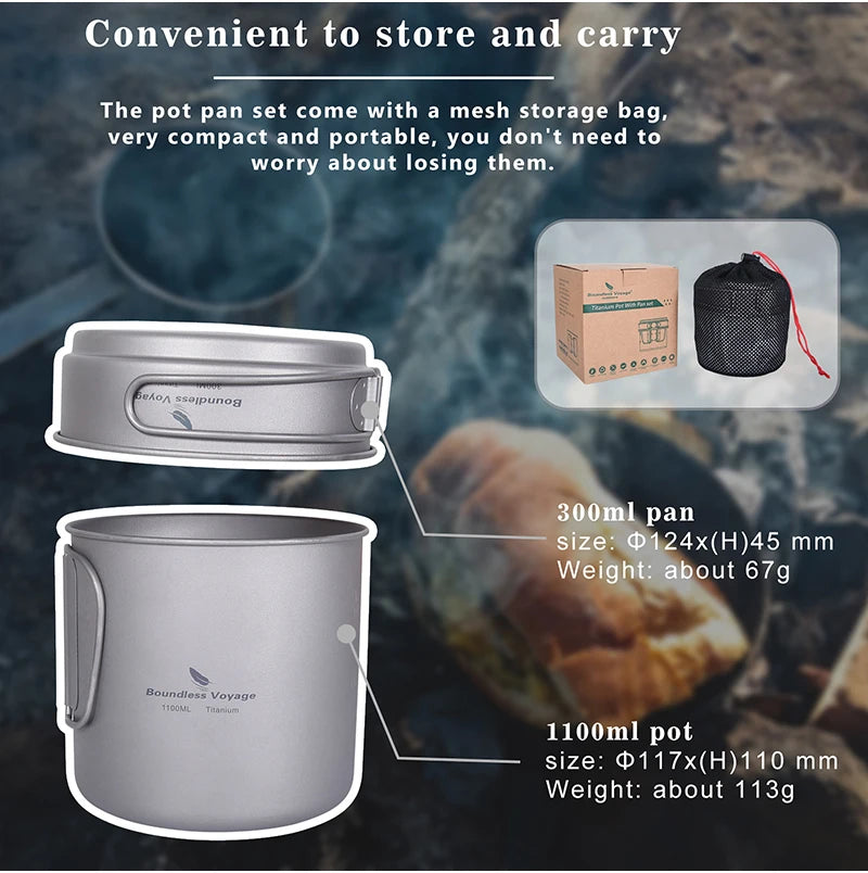 Boundless Voyage Camping Titanium Cup Pan Set Outdoor Cooking Pot Plate Mess Kit