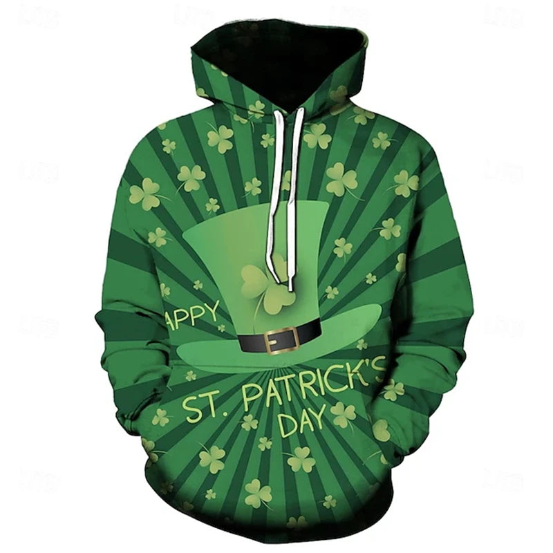 Men Hoodies St. Patricks Day Clothing 3D Print Green Clover Hat Graphic Hooded