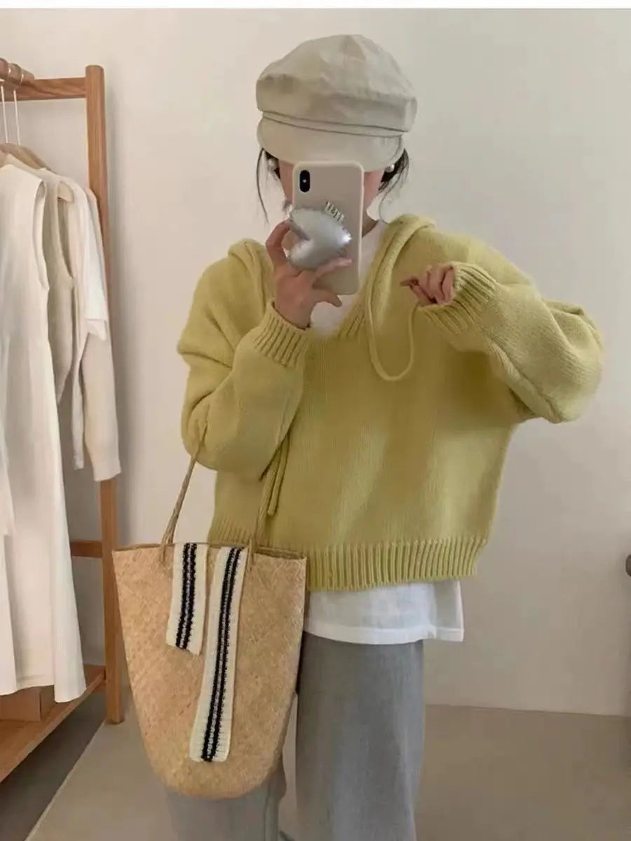 Koreaanse gebreide hoodie met capuchon, effen kleur, zachte en losse bedekking