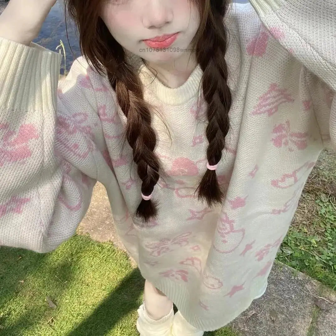 Kerst Hello Kitty schattige gebreide trui met sjaal voor vrouwen Y2k