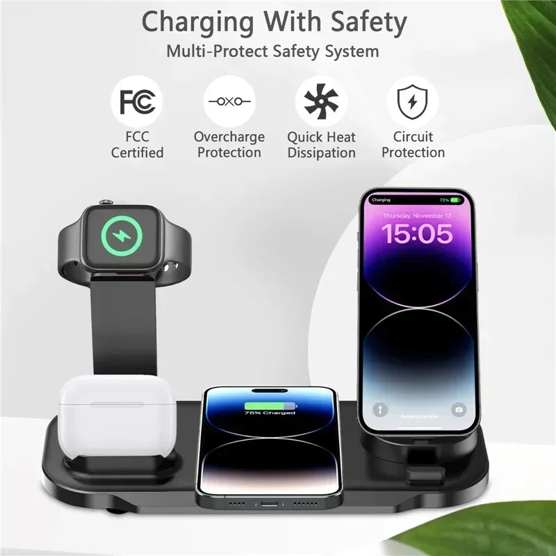 6-in-1 15W draadloze opladerstandaard voor iPhone 16, 15, 14, Samsung, Xiaomi, Apple