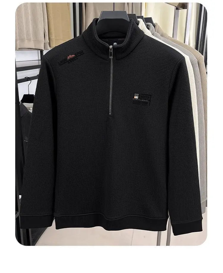 Men s Fleece Liner Sweatshirts Vintage Half Zipper Print Plaid Texture Thick Wool Warm Pullover