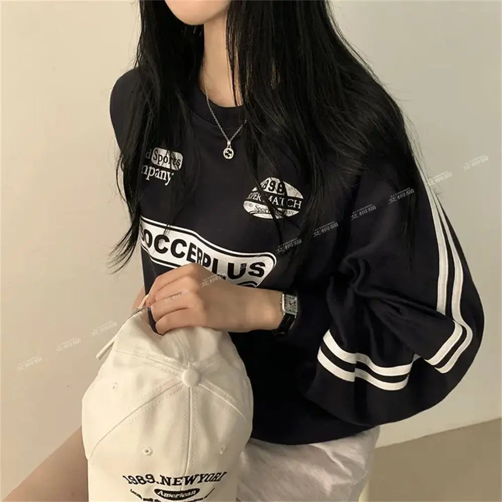 American Thin Round Neck Sweatshirt Women in Spring Autumn Korean Loose Versatile Top