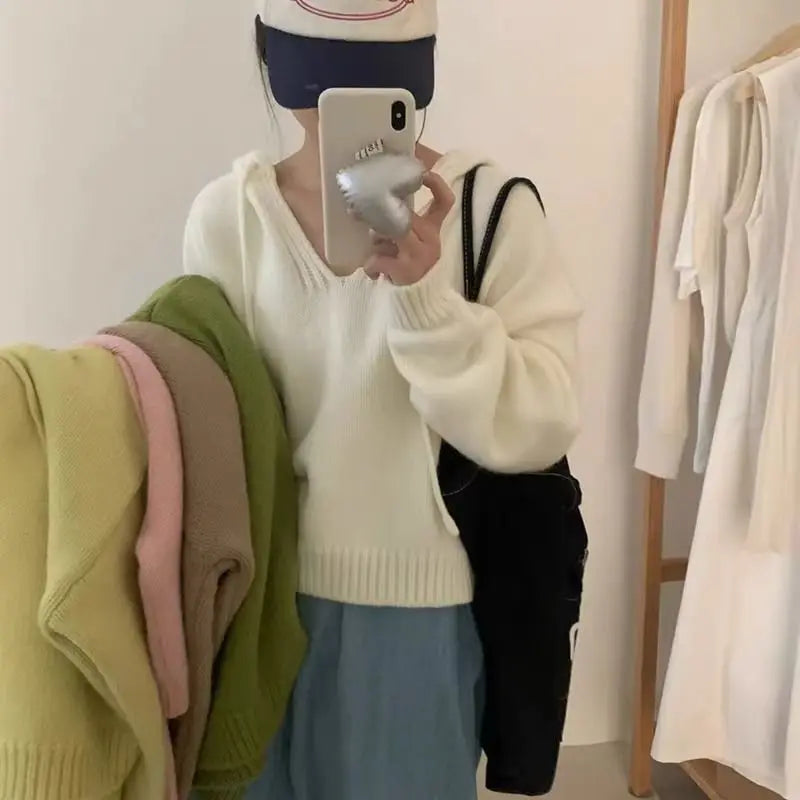 Koreaanse gebreide hoodie met capuchon, effen kleur, zachte en losse bedekking