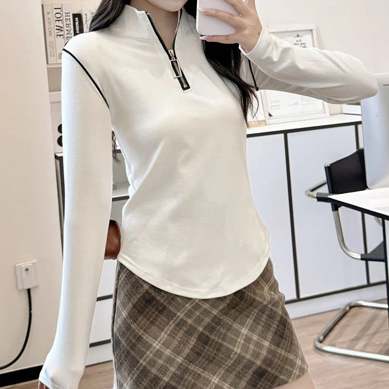 Koreaanse ritsen lange mouwen T-shirt voor vrouwen staande kraag slim fit trui vrouw