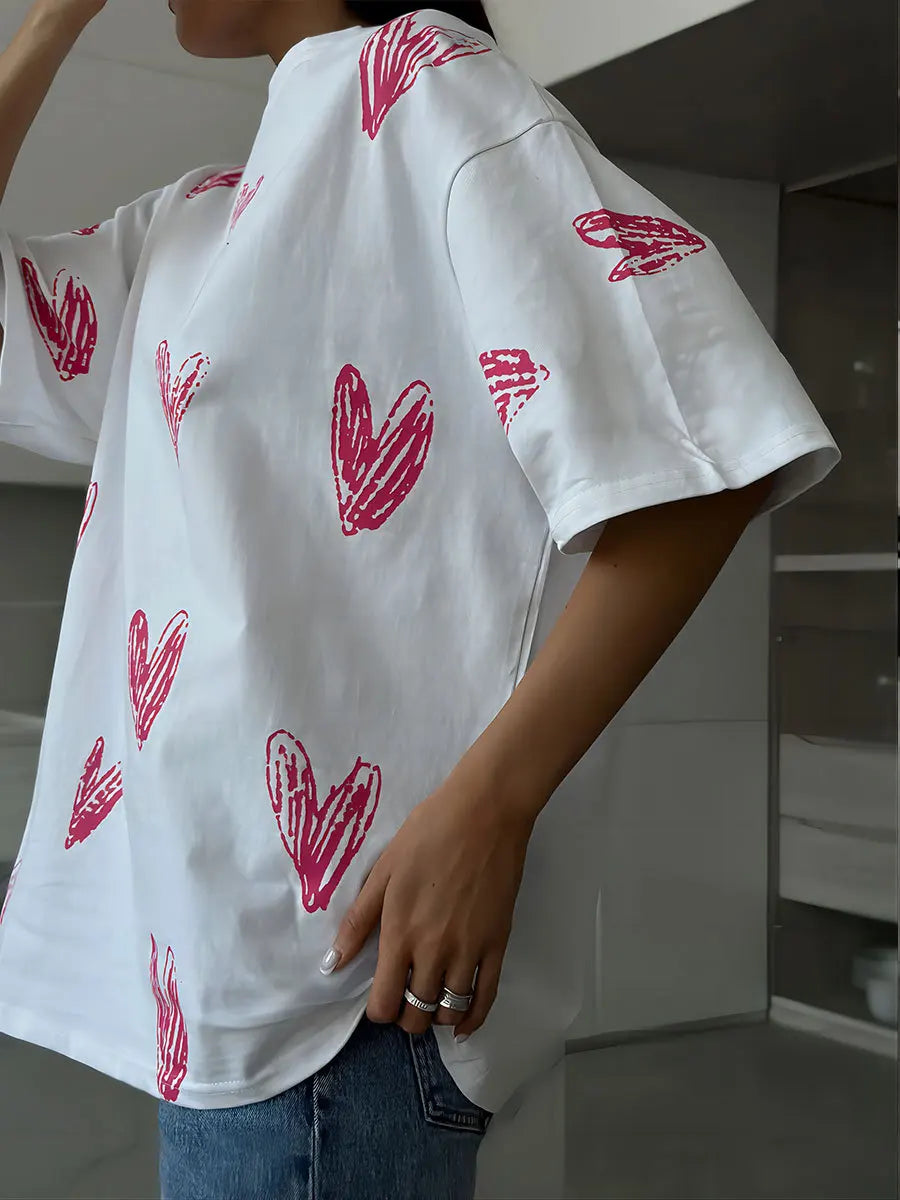 Bornladies Casual O-hals hartprint dames T-shirt zomer korte mouw los