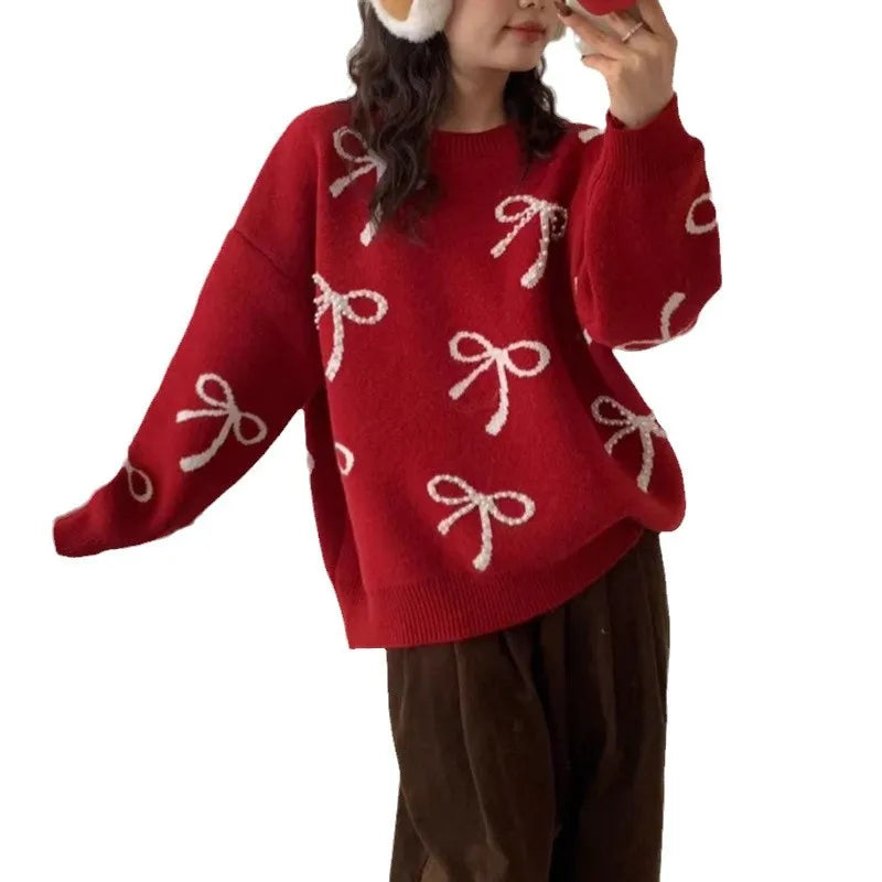 Mode strik genagelde kralen ronde hals trui voor dames in de herfst en winter Koreaanse losse