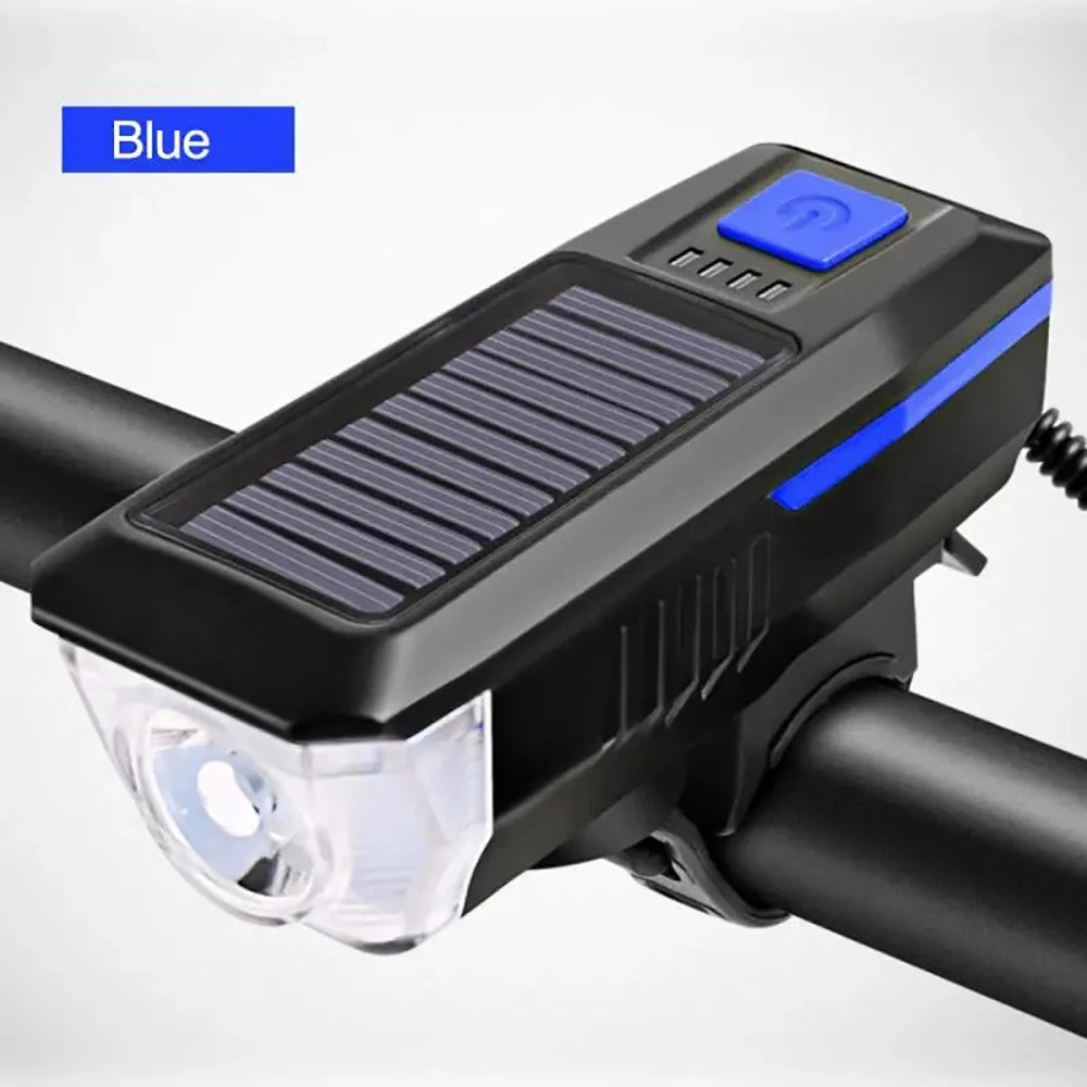 3 standen zonne-fiets koplamp met hoorn, USB oplaadbaar, LED berg