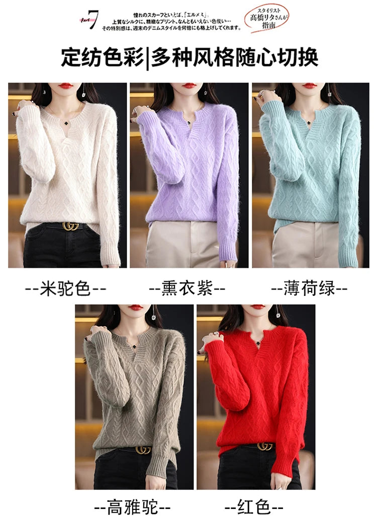 Pure Mink Cashmere Trui Dames V-hals Dikke Brei Trui Mode Jacquard