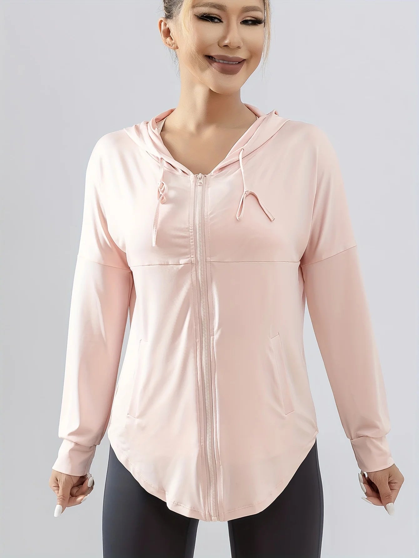 Sportjas met capuchon voor dames, los hardloopjack, grote maat, fitnesskleding, sneldrogend