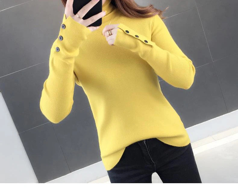 Heliar Dames Turtleneck Knopen Effen Warme Trui Lange Mouw Gebreid Basic