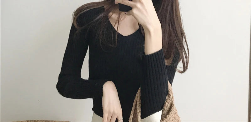 Heliar Dames V-hals Slim Sexy Trui Gebreid Lange Mouw Effen Onderkant Trui