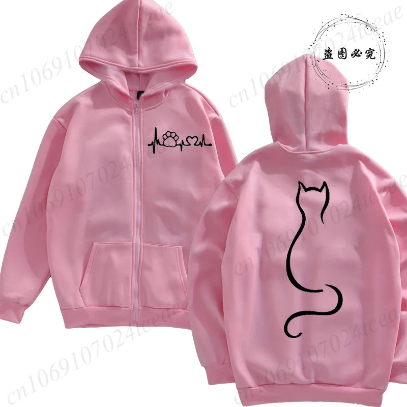Dames Hoodie met Ritssluiting, Herfst Winter, Schattige Kat, Heatbeat Sweatshirt, Hiphop