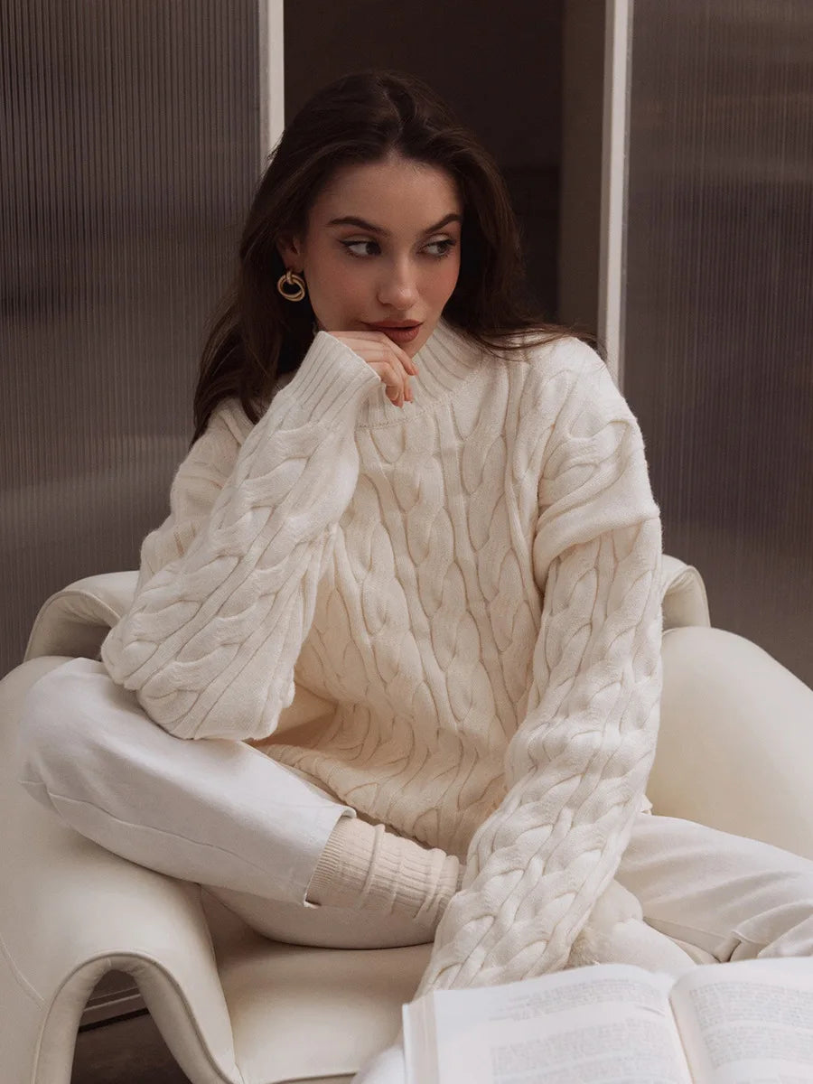 Bornladies Dames Turtleneck Kabeltrui Lazy Loose Fit Lange Mouw