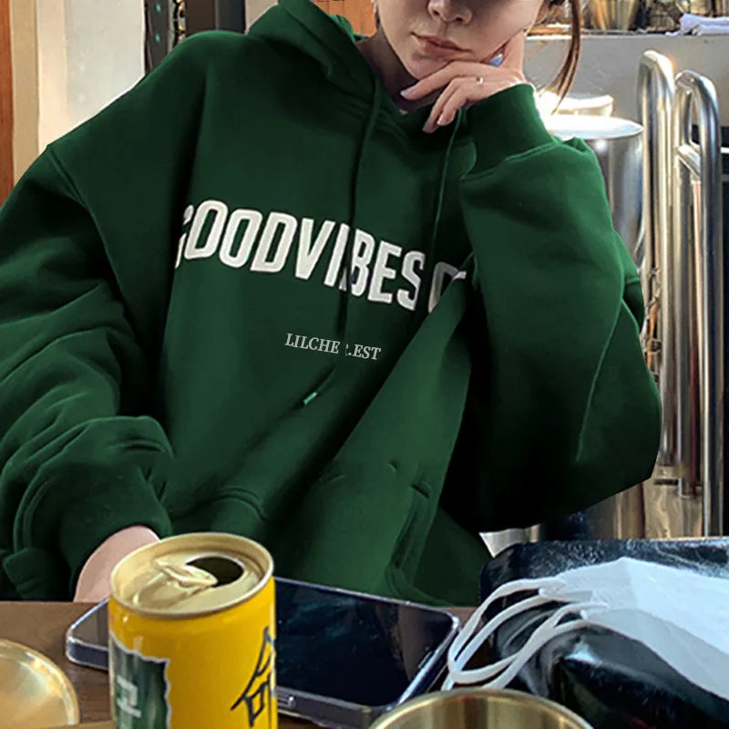 Autumn Fleece Hoodie Solid Color Letter Hooded Korean Fashion Sweatshirts Long