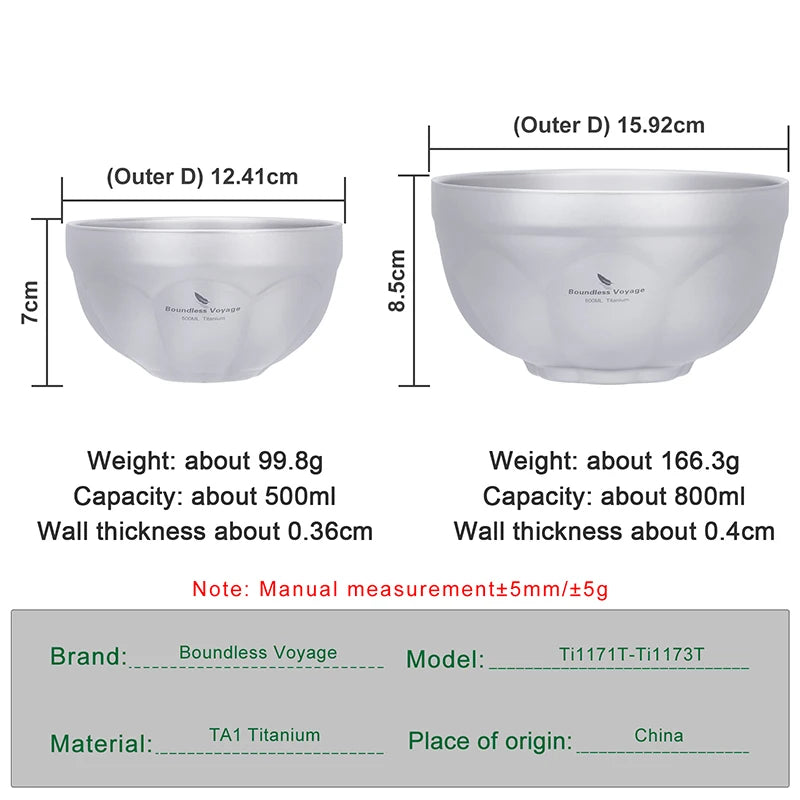 Boundless Voyage 500ml 800ml Titanium Double Wall Insulated Bowl Lightweight