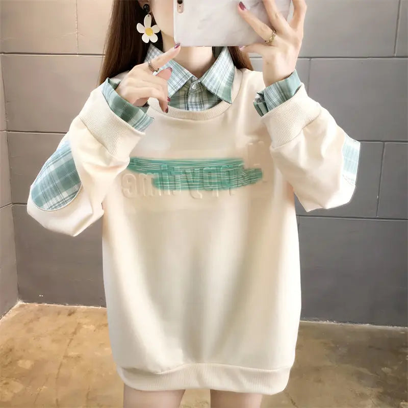Fake Two Hoodies voor vrouwelijke studenten Koreaans ontwerp Patchwork Dun Lange mouwen Los Veelzijdig