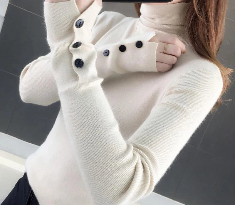Heliar Dames Turtleneck Knopen Effen Warme Trui Lange Mouw Gebreid Basic