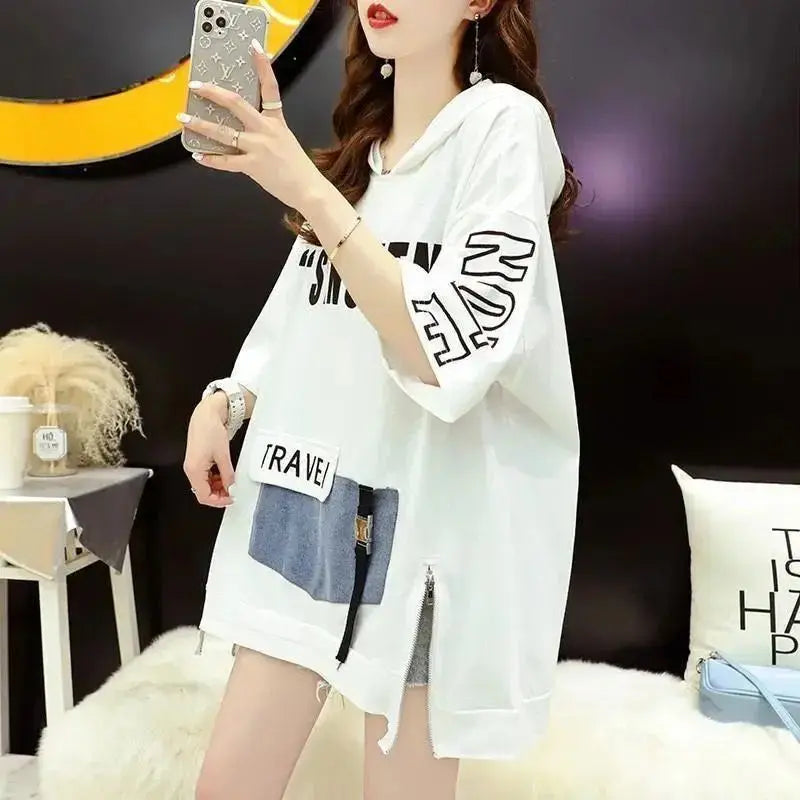 Zomer Harajuku Y2K Hooded Schouder Mouw V-hals T-shirts Dames Mode Letter