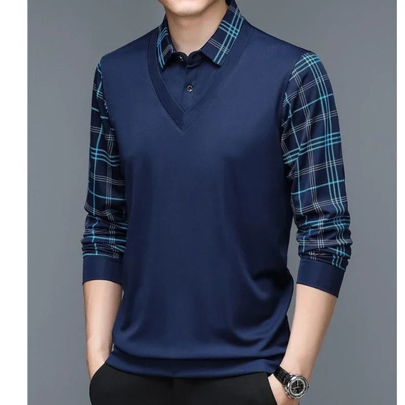 Spring Long Sleeve Polo Men s T shirt Turn down Collar Loose Solid Plaid Fashion