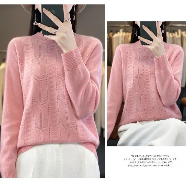 Women Stylish Simple Hollow Soft Cashmere Basic Knitted Sweater Solid O Neck Long Sleeve Loose