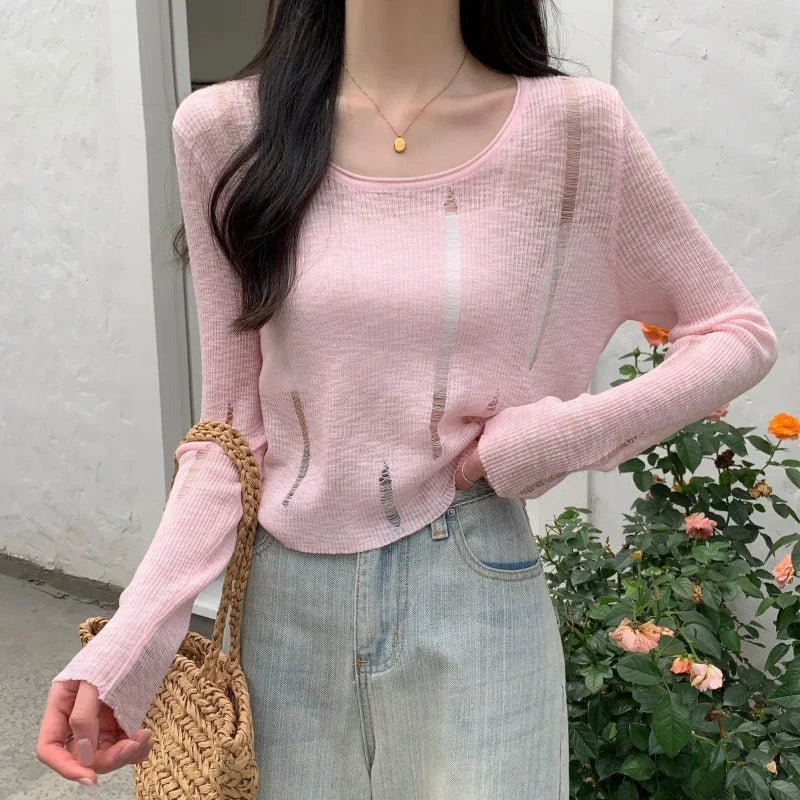 Lente Zomer Lange Mouw Ronde Hals Dames Trui Effen Kleur T-shirt Dun