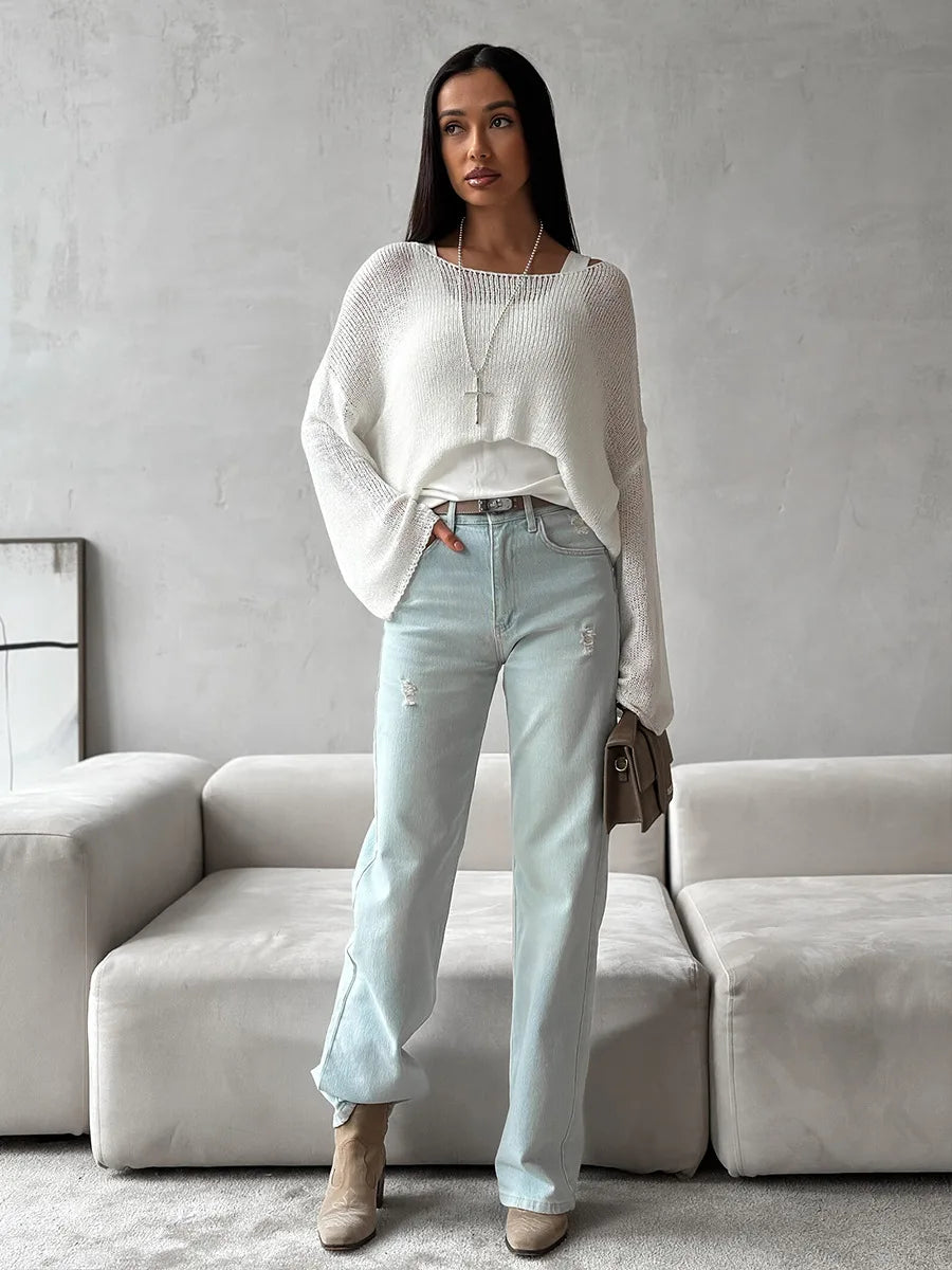 Bornladies Simple Solid Color Long Sleeved Sweater Women s Spring Knitted Hollow