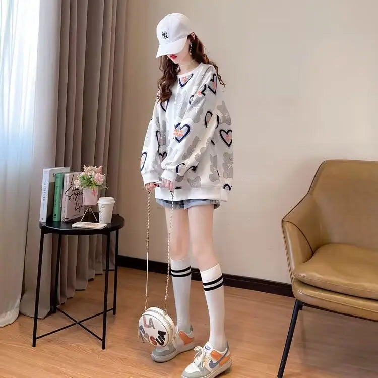 Hoodie Dames Lange Mouw Middellange Ronde Hals Losse en Veelzijdige Western-stijl Bedrukte Top voor