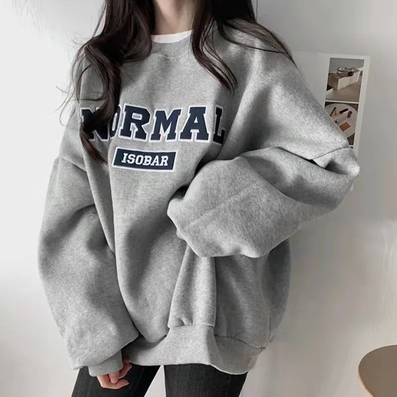 Grijze ronde hals dikke sweatshirts voor dames Losse letterprint truien voor