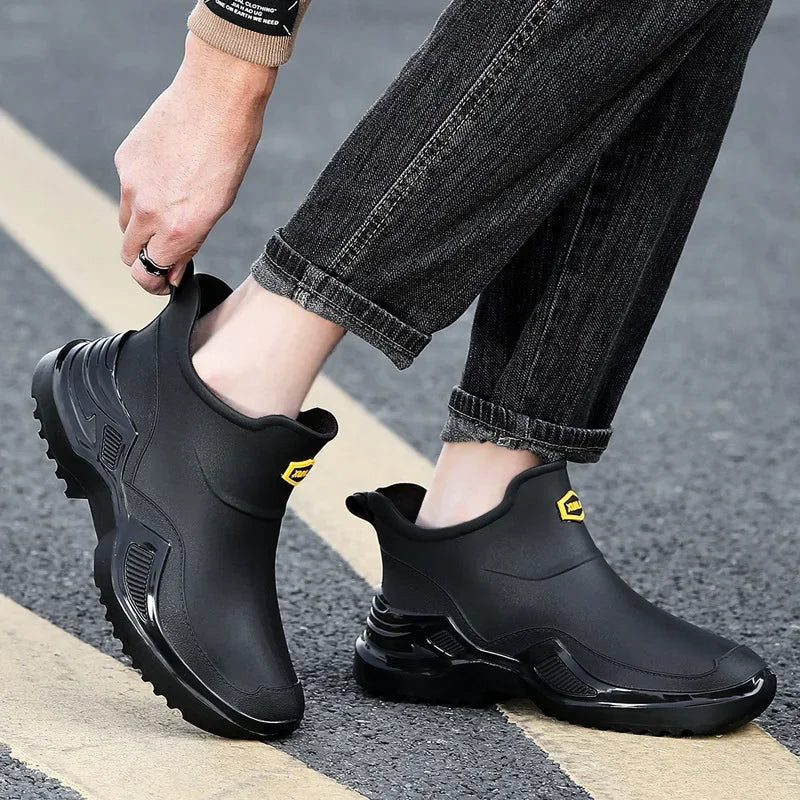 Korean Style Short Sporty Rain Boots Thickened Wide Comfortable Men s Slip On Water Shoes Anti