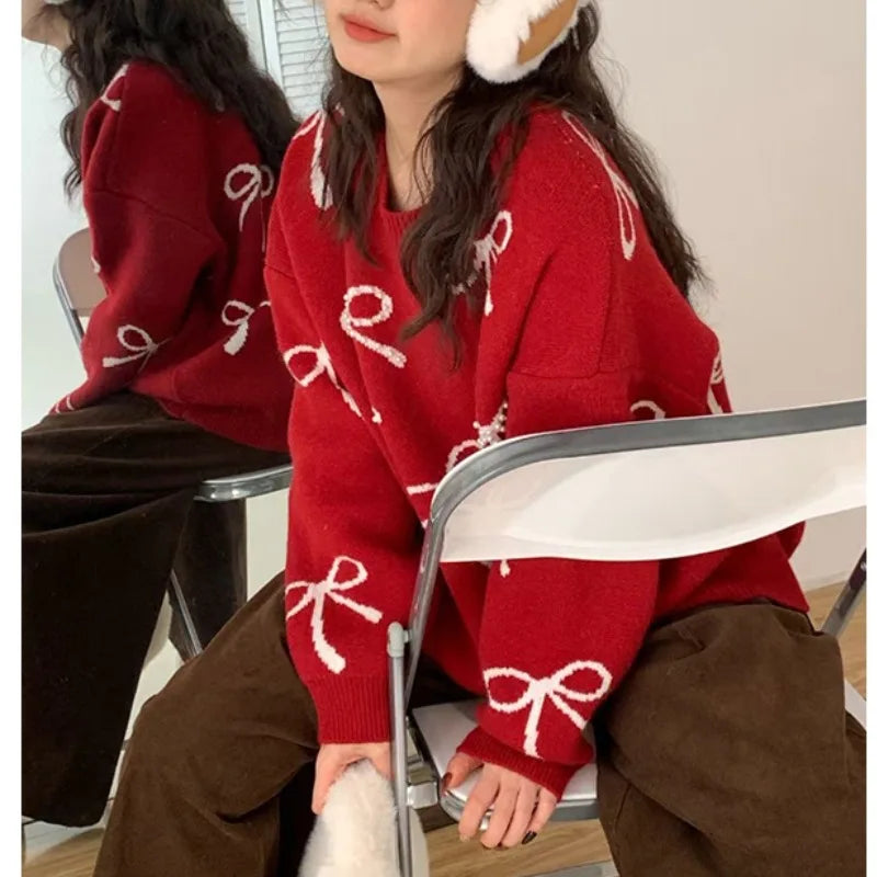 Mode strik genagelde kralen ronde hals trui voor dames in de herfst en winter Koreaanse losse