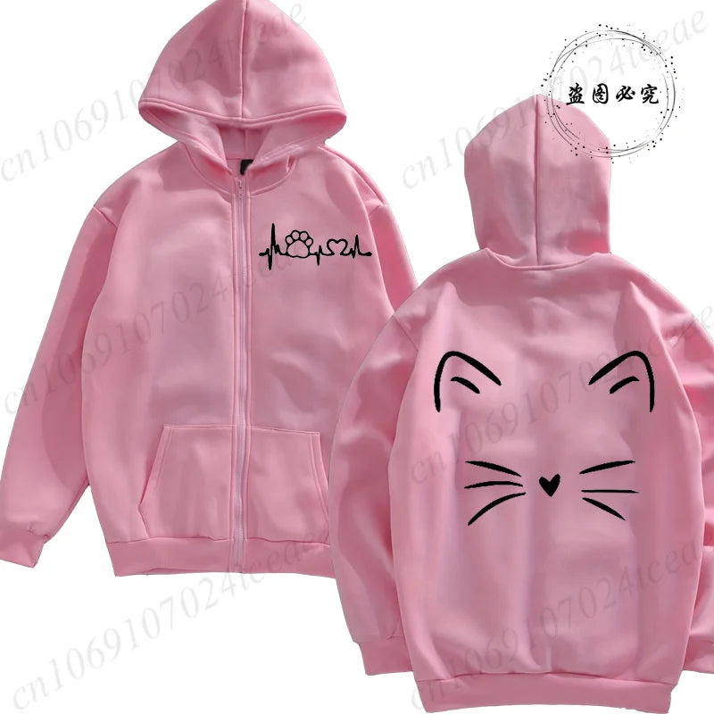 Dames Hoodie met Ritssluiting, Herfst Winter, Schattige Kat, Heatbeat Sweatshirt, Hiphop