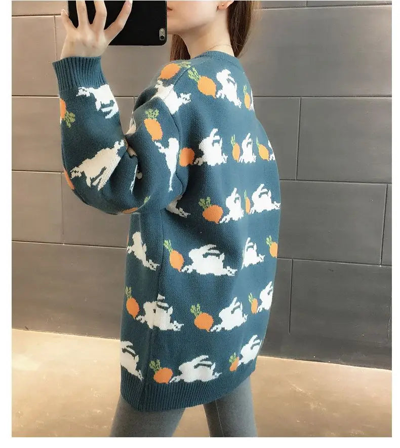 Retro Medium to Long Length Outerwear Fashionable Versatile Women s Sweater Wide Elastic Knitted
