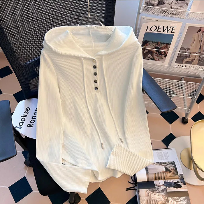 Uniek geknoopt T-shirt met capuchon voor dames, lente/herfst, onregelmatige korte mouwen, lange mouwen, basislaag