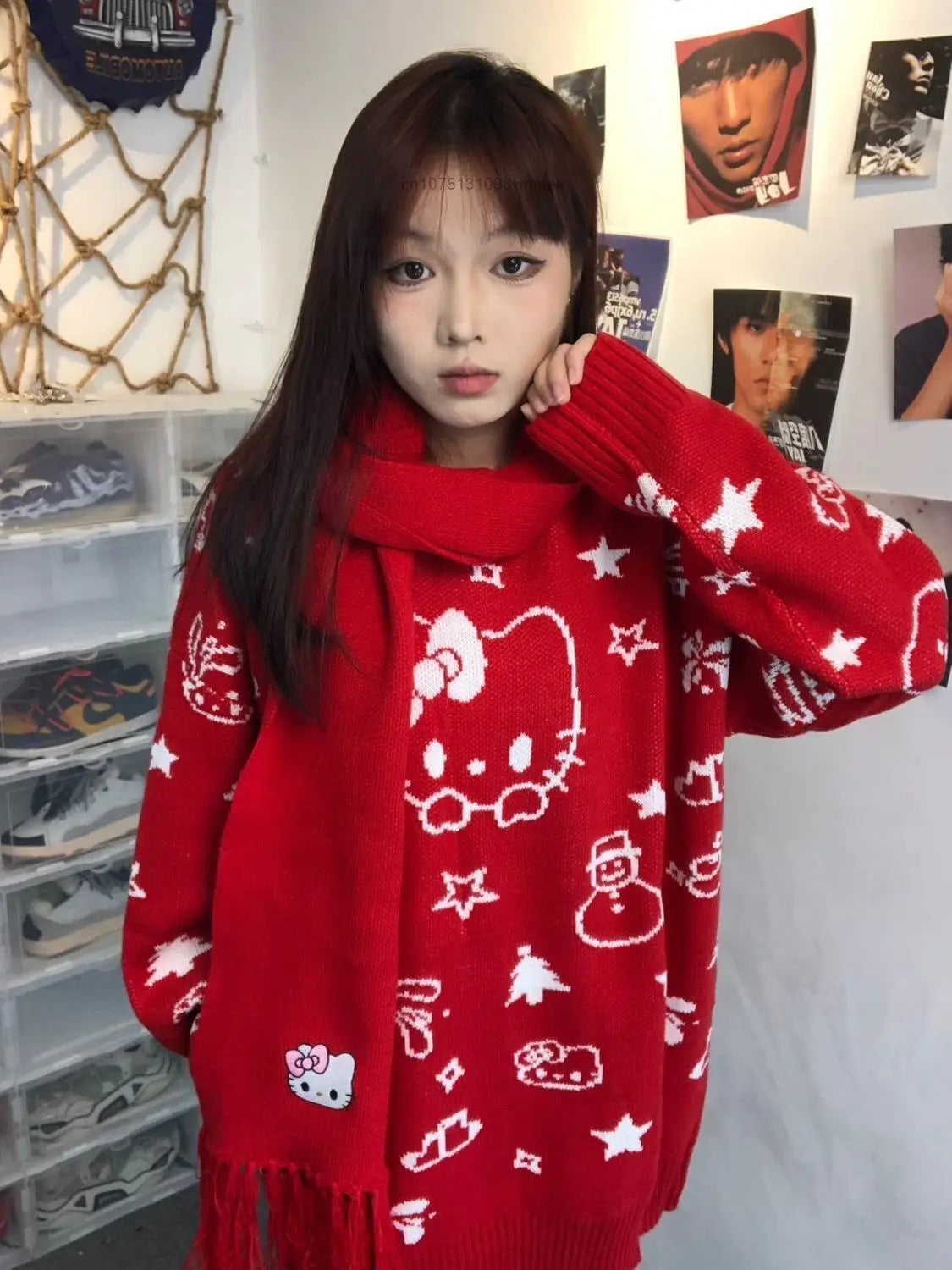 Kerst Hello Kitty schattige gebreide trui met sjaal voor vrouwen Y2k