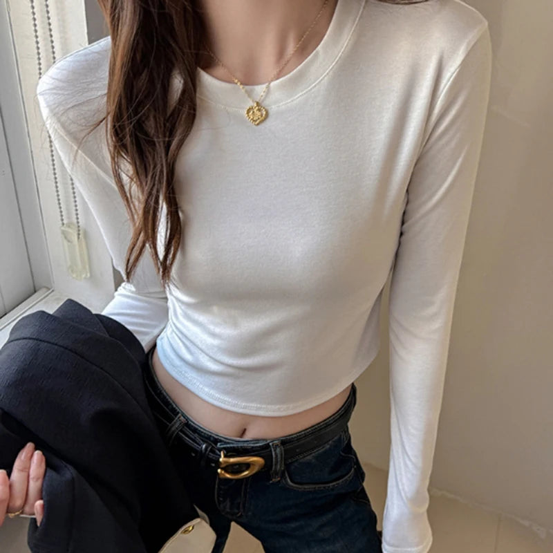 Basic effen kleur crop T-shirt dames lente herfst chique lange mouwen truien