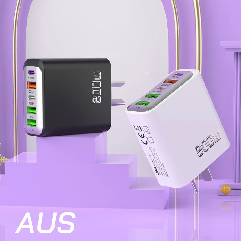 Total 200w Fast Charging Charger Five Ports Mobile Phone Charger 3u+2c