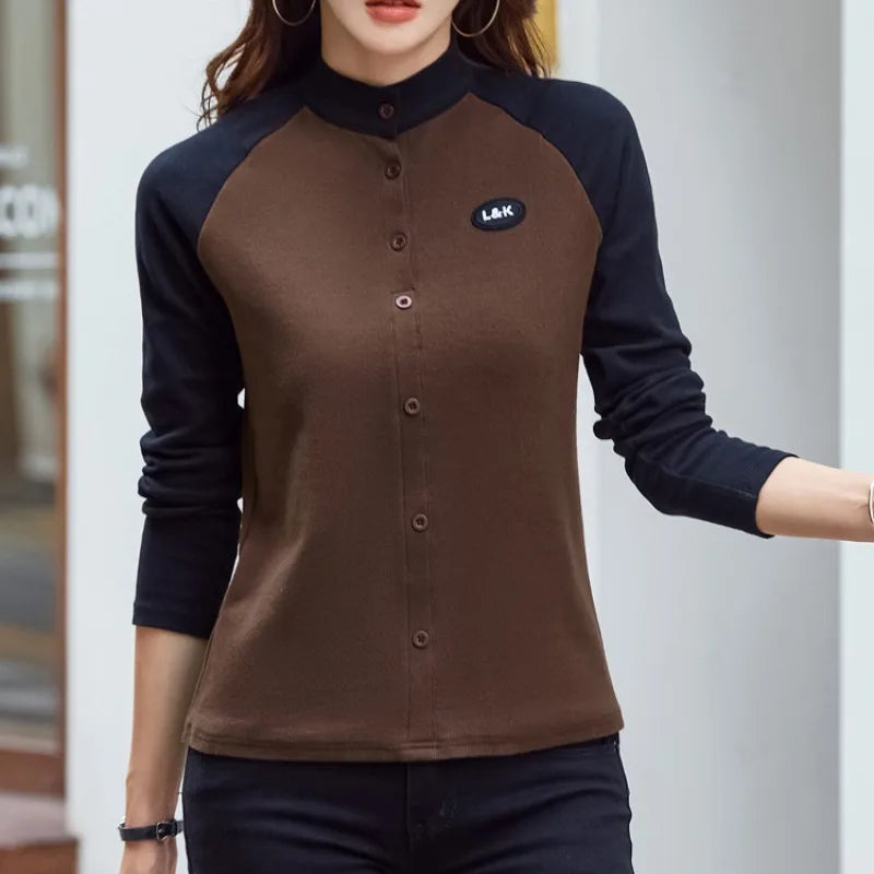 Herfst- en wintertrui voor dames, opstaande hals, knoopsluiting, contrastpaneel, lang