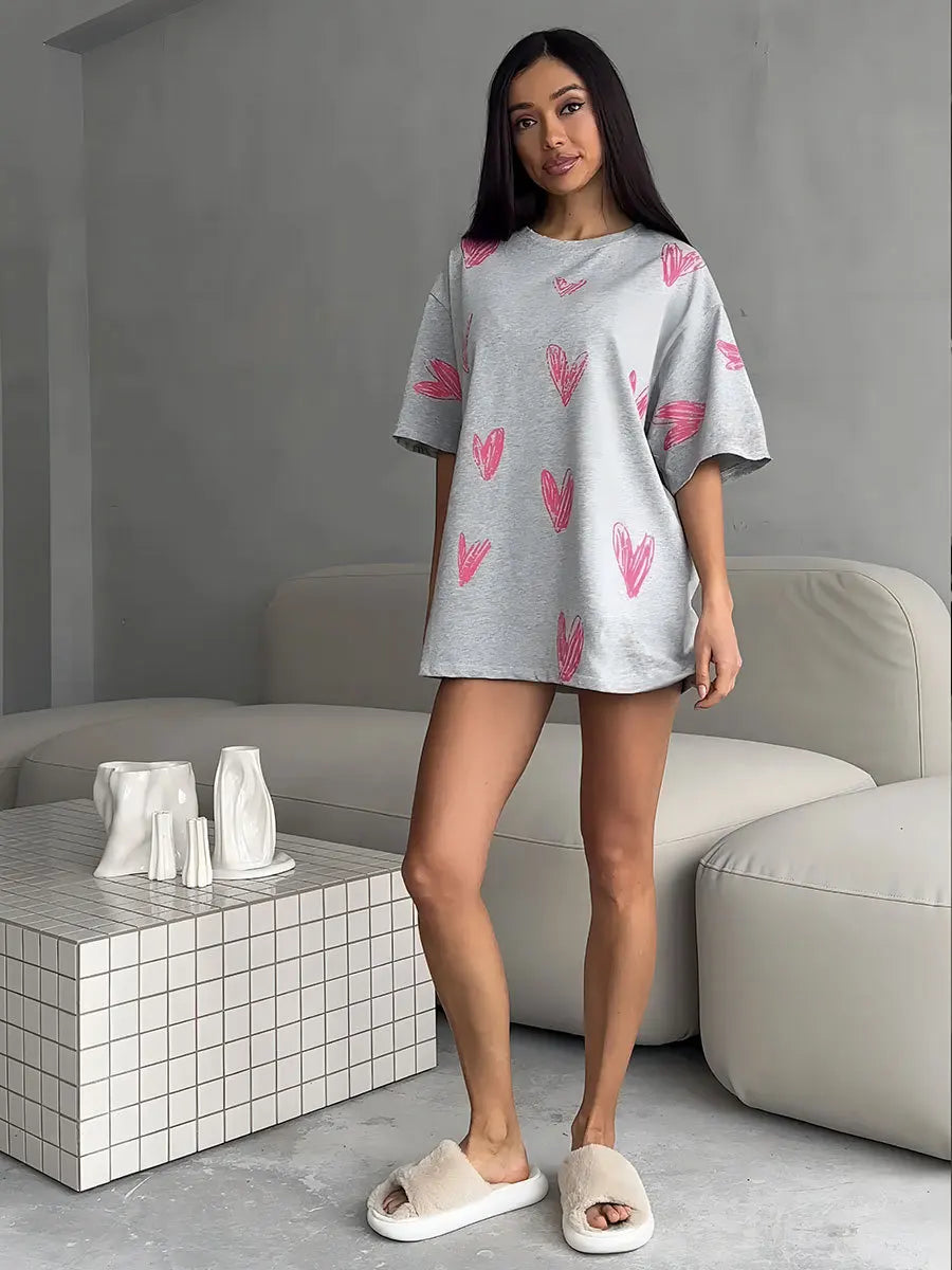 Bornladies Casual O-hals hartprint dames T-shirt zomer korte mouw los