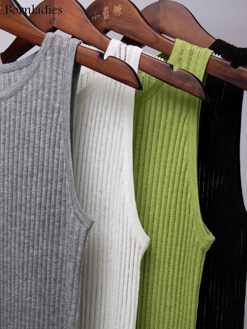 Bornladies Fashion Witte Wol Doorschijnende Dames Tanks Tops Outfit Mouwloos