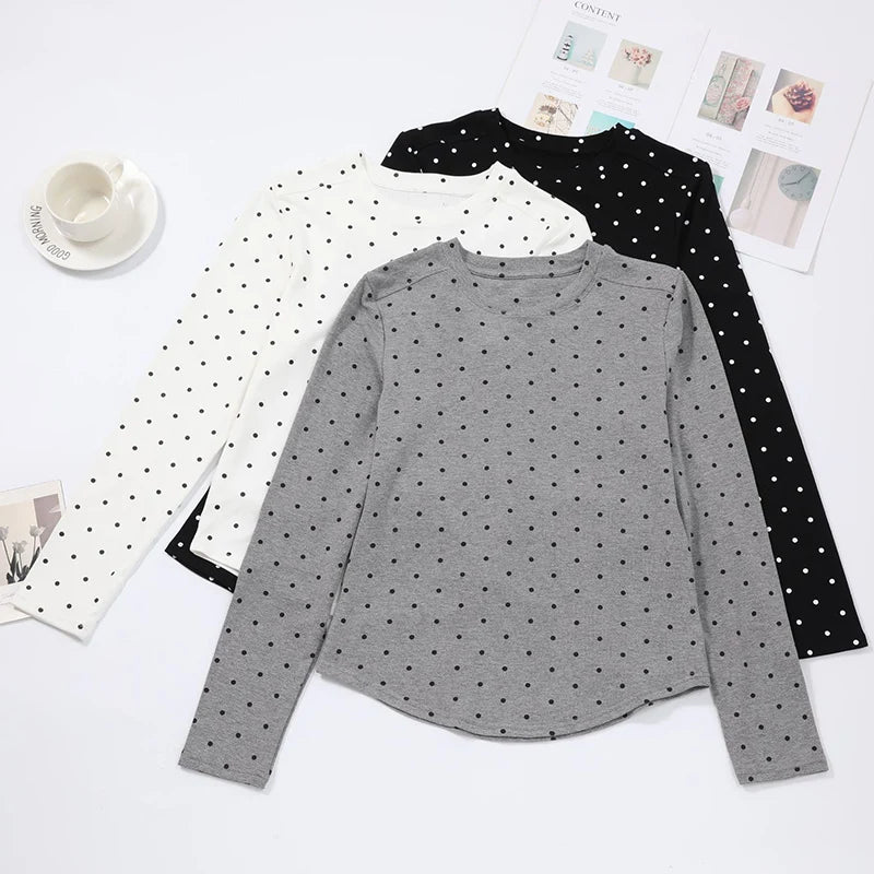 American Vintage Polka Dot Pullovers Women Spring Autumn Slim Fit Long Sleeve